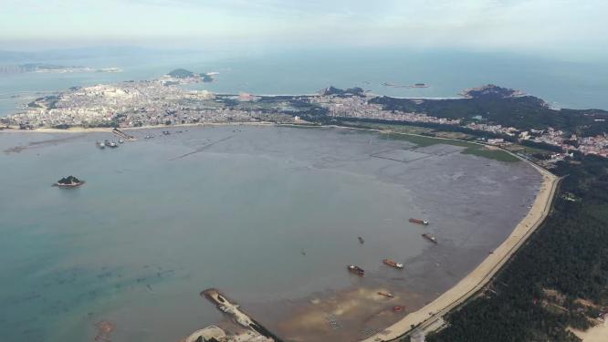 福建莆田湄洲岛城市海景风光航拍