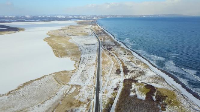 日本北海道知床网走海岸线公路航拍