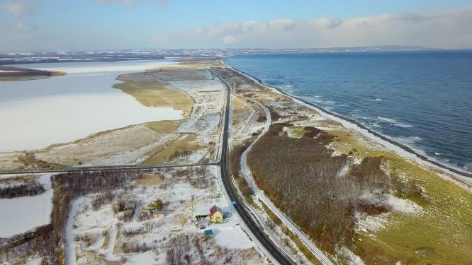 日本北海道知床网走海岸线公路航拍