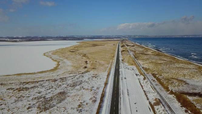 日本北海道知床网走海岸线公路航拍
