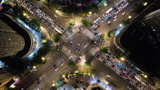 福州城市天际线五四路交通路口航拍高楼夜景