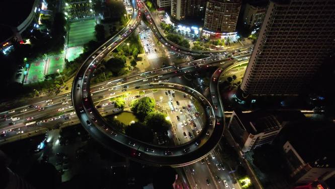 福州城市天际线五四路交通路口航拍高楼夜景
