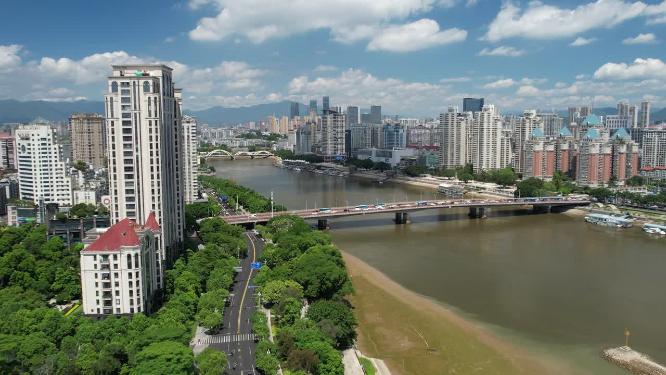 福建福州闽江江滨城市高楼天际线航拍风光