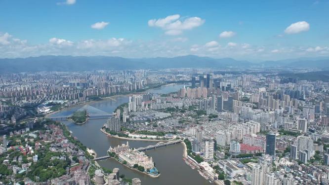 福建福州闽江江滨城市高楼天际线航拍风光