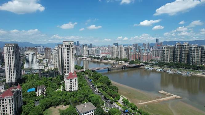 福州闽江两岸城市天际线建筑风光航拍