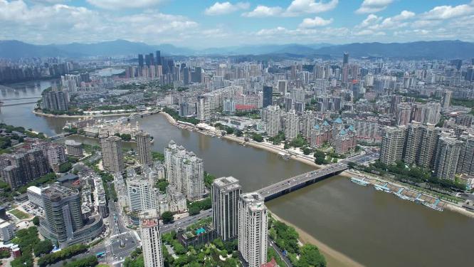 福建福州闽江江滨城市高楼天际线航拍风光