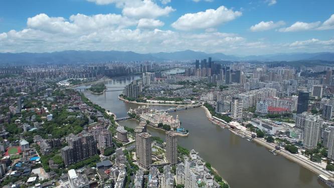 福建福州闽江江滨城市高楼天际线航拍风光