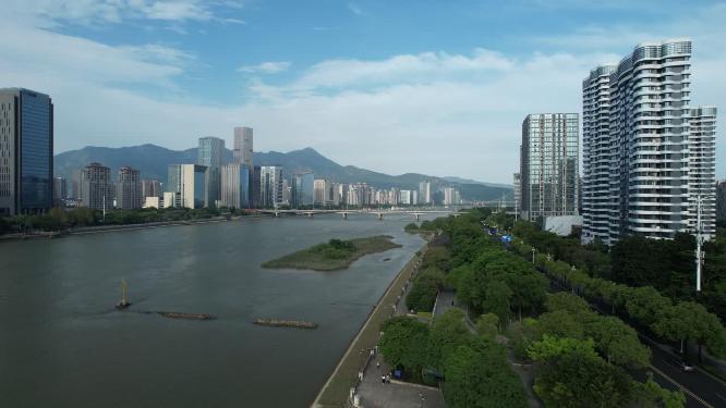 福建福州闽江江滨城市高楼天际线航拍风光