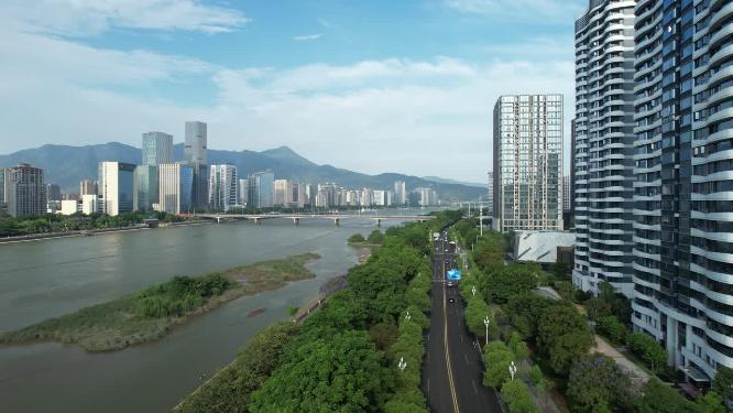 福建福州闽江江滨城市高楼天际线航拍风光