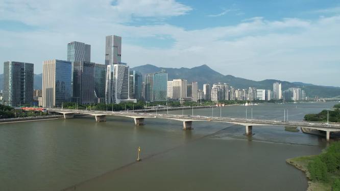 福建福州闽江江滨城市高楼天际线航拍风光
