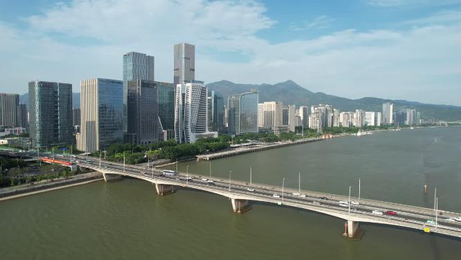 福建福州闽江江滨城市高楼天际线航拍风光