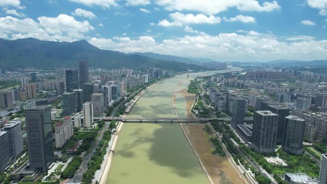福州闽江两岸城市天际线建筑风光航拍