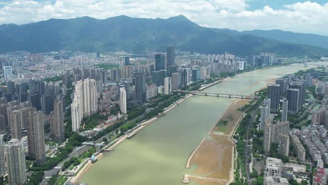 福州闽江两岸城市天际线建筑风光航拍