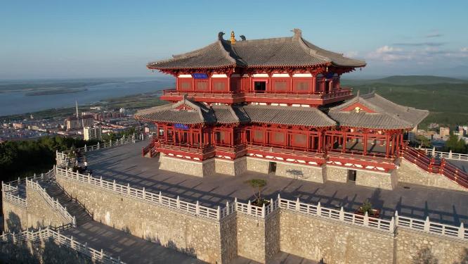 黑龙江抚远市东极阁城市景观航拍