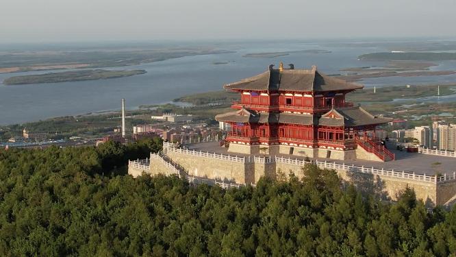 黑龙江抚远市东极阁城市景观航拍