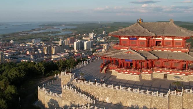 黑龙江抚远市东极阁城市景观航拍