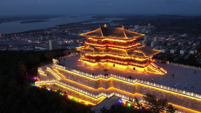 黑龙江抚远市东极阁古建筑夜景风光航拍