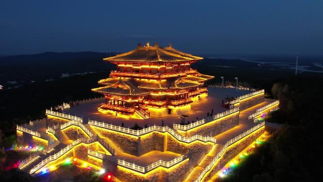 黑龙江抚远市东极阁古建筑夜景风光航拍