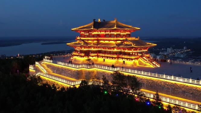 黑龙江抚远市东极阁古建筑夜景风光航拍