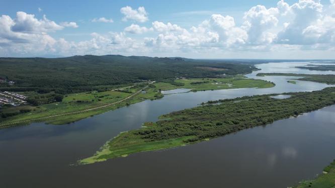 黑龙江抚远大力加湖湿地湖泊自然风光航拍