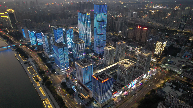航拍沿江繁华都市夜景