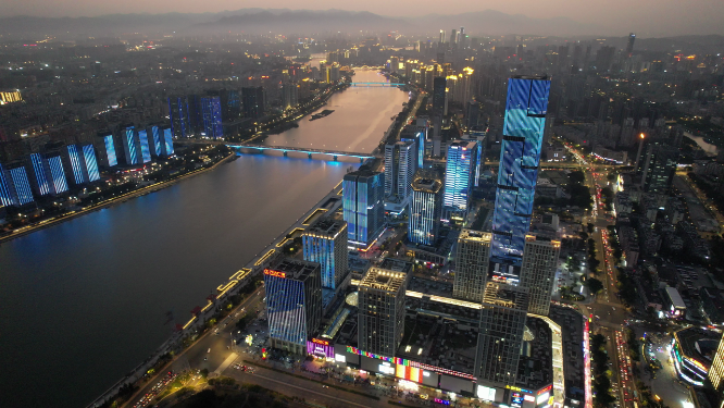 航拍沿江繁华都市夜景