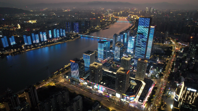 航拍沿江繁华都市夜景