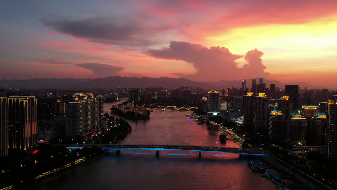 航拍夜晚晚霞城市建筑群