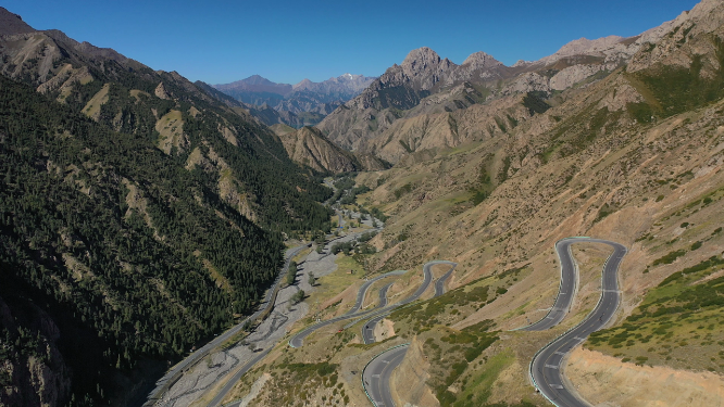 新疆绵延山川里的盘山公路