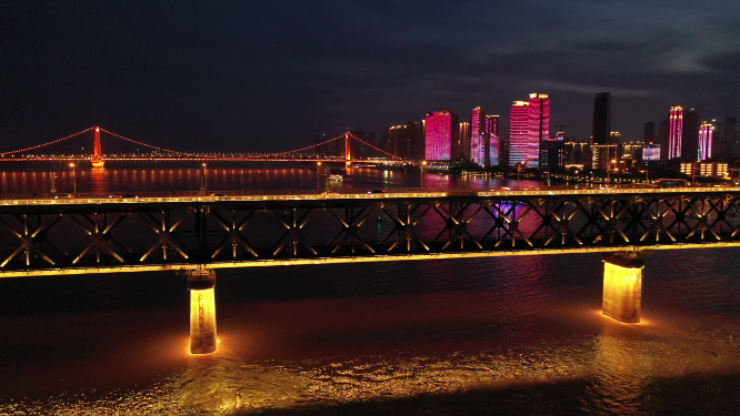 武汉长江大桥城市江景交通夜景航拍风光
