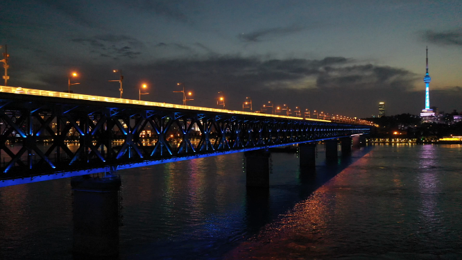 武汉长江大桥城市江景交通夜景航拍风光