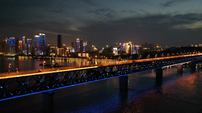 武汉长江大桥城市江景交通夜景航拍风光