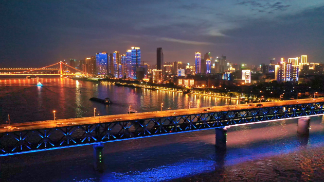 武汉长江大桥城市江景交通夜景航拍风光