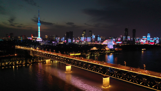 武汉长江大桥城市江景交通夜景航拍风光