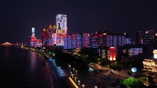 湖北武汉长江汉口江滩夜晚城市天际线航拍风光