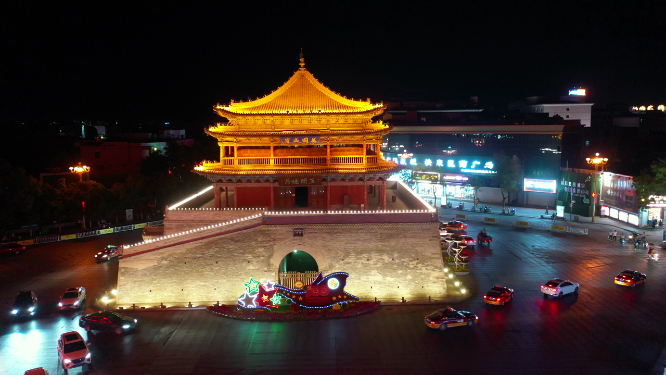 甘肃张掖城市建筑钟鼓楼夜景风光航拍