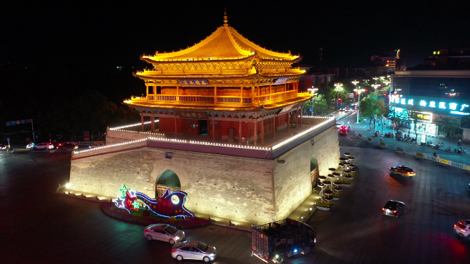 甘肃张掖城市建筑钟鼓楼夜景风光航拍