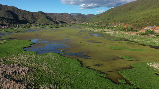 四川凉山州泸沽湖草海自然风光航拍