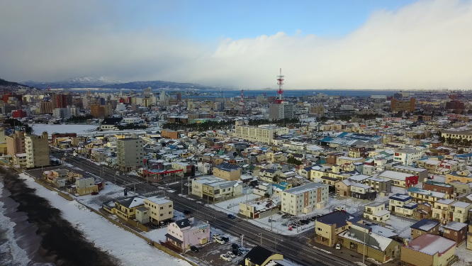 日本北海道函馆城市海岸线风光航拍