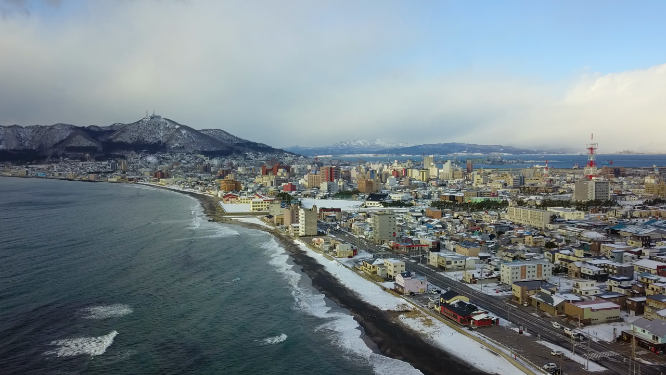 日本北海道函馆城市海岸线风光航拍