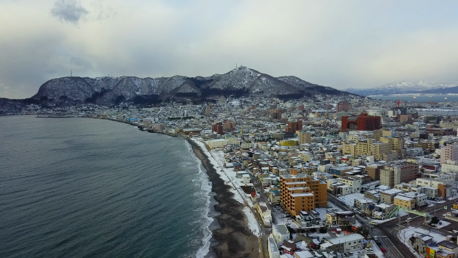 日本北海道函馆城市海岸线风光航拍