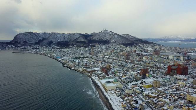 日本北海道函馆城市海岸线风光航拍