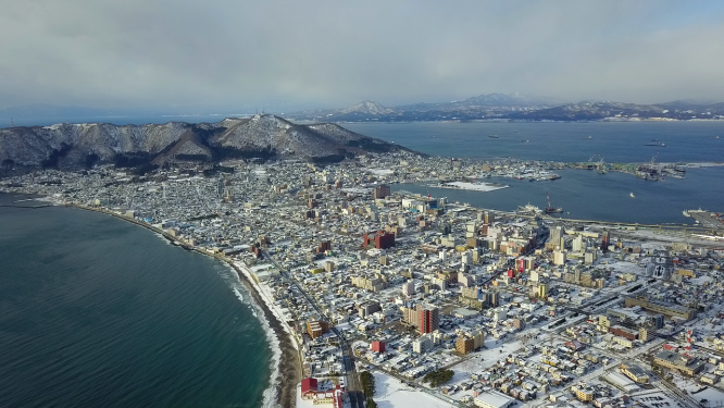 日本北海道函馆城市海岸线风光航拍