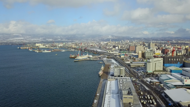 日本北海道函馆城市海岸线风光航拍