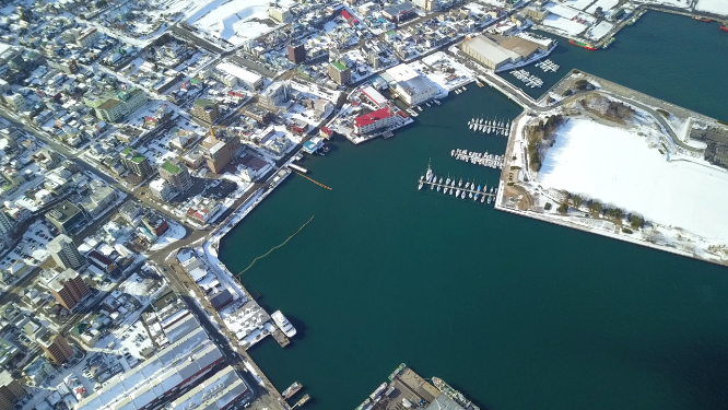 日本北海道函馆城市海岸线风光航拍
