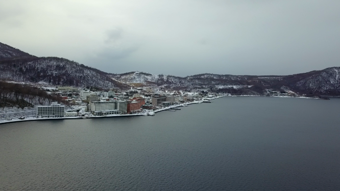 日本北海道洞爷湖温泉镇风光航拍