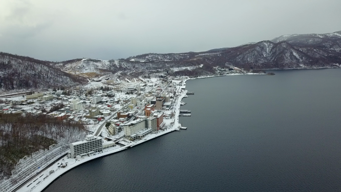 日本北海道洞爷湖温泉镇风光航拍