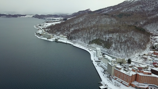 日本北海道洞爷湖温泉镇风光航拍