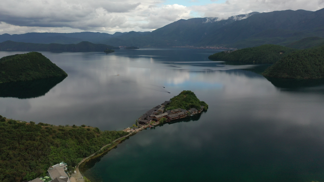 云南丽江泸沽湖里格半岛自然风光航拍