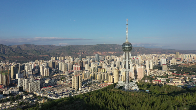 航拍青海西宁浦宁之珠电视塔城市天际线